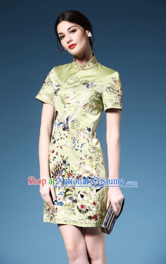 Traditional Top Grade Asian Chinese Costumes Classical Embroidery Cheongsam, China National Chirpaur Dress Green Qipao for Women