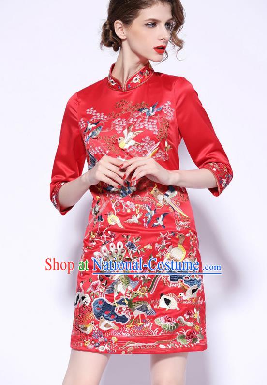 Traditional Top Grade Asian Chinese Costumes Classical Embroidery Cheongsam, China National Middle Sleeve Chirpaur Dress Red Qipao for Women