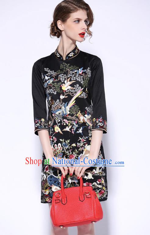 Traditional Top Grade Asian Chinese Costumes Classical Embroidery Cheongsam, China National Middle Sleeve Chirpaur Dress Black Qipao for Women