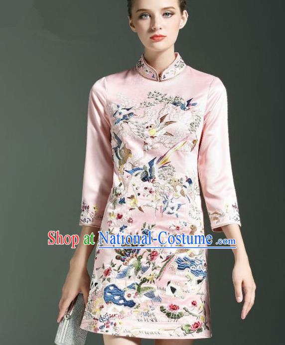 Traditional Top Grade Asian Chinese Costumes Classical Embroidery Cheongsam, China National Middle Sleeve Chirpaur Dress Pink Qipao for Women