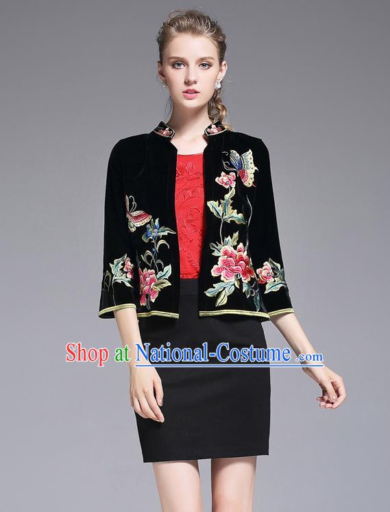 Traditional Top Grade Asian Chinese Costumes Classical Embroidery Peony Short Coat, China National Black Jacket for Women