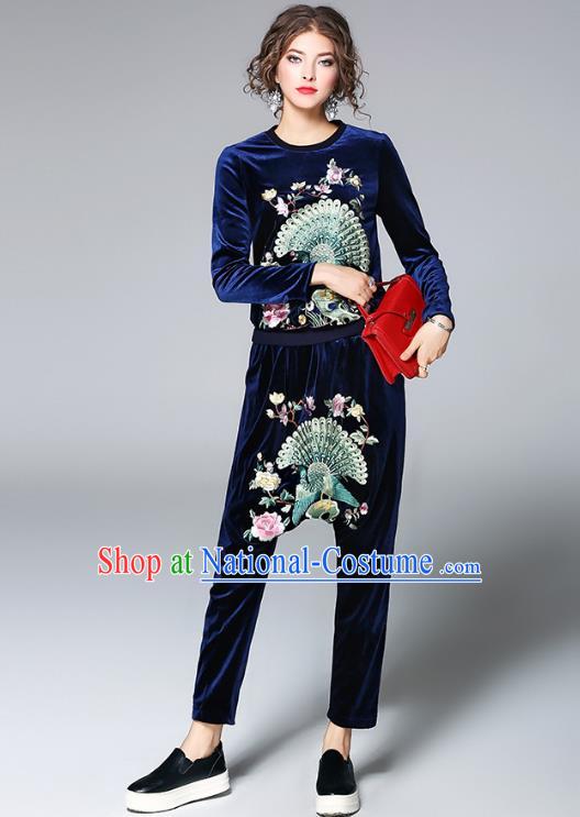 Traditional Top Grade Asian Chinese Costumes Classical Embroidery Shirt and Pants, China National Blue Pleuche Suit for Women