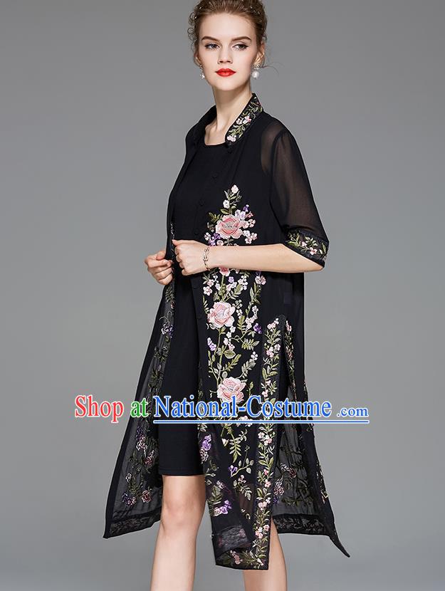 Traditional Top Grade Asian Chinese Costumes Classical Embroidery Peony Black Cardigan and Dress, China National Chirpaur Clothing Qipao for Women