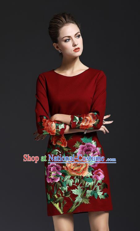 Top Grade Asian Chinese Costumes Classical Embroidery Peony Dress, Traditional China National Wine Red Chirpaur Qipao for Women