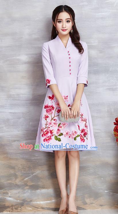 Top Grade Asian Chinese Costumes Classical Embroidery Flowers Lilac Dress, Traditional China National Slant Opening Chirpaur Qipao for Women