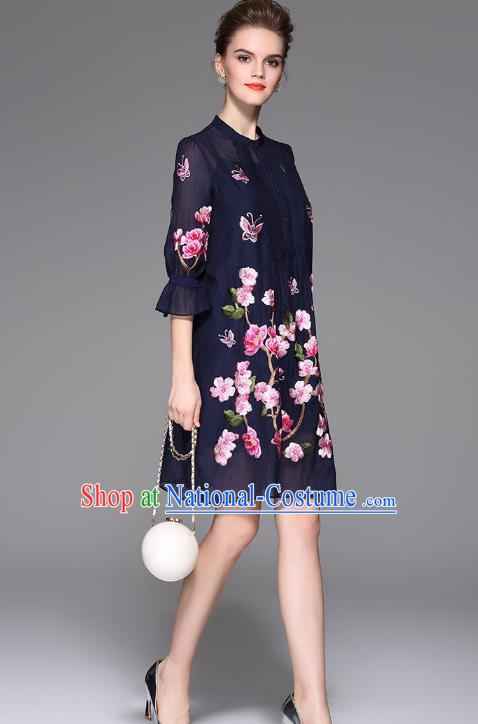 Top Grade Asian Chinese Costumes Classical Embroidery Two-piece Dress, Traditional China National Embroidered Mandarin Sleeve Navy Chirpaur Qipao for Women