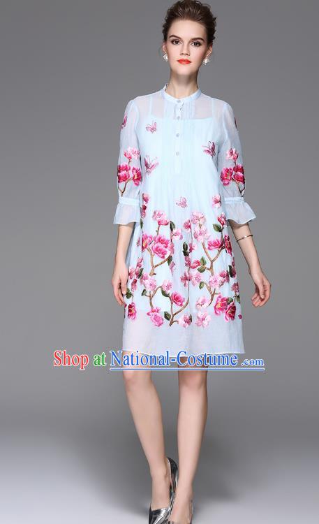 Top Grade Asian Chinese Costumes Classical Embroidery Two-piece Dress, Traditional China National Embroidered Mandarin Sleeve Blue Chirpaur Qipao for Women