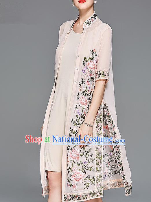 Traditional Top Grade Asian Chinese Costumes Classical Embroidery Peony Pink Cardigan and Dress, China National Chirpaur Clothing Qipao for Women