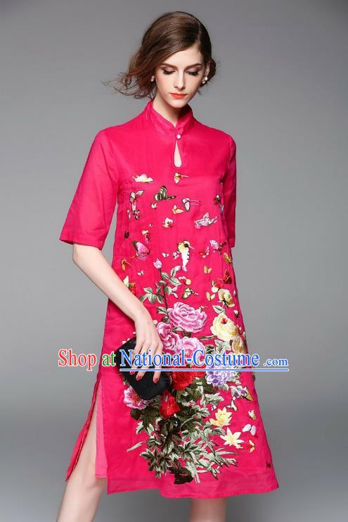 Top Grade Asian Chinese Costumes Classical Embroidery Rosy Dress, Traditional China National Embroidered Chirpaur Qipao for Women