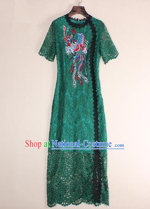 Top Grade Asian Chinese Costumes Classical Embroidery Phoenix Green Lace Dress, Traditional China National Embroidered Chirpaur Qipao for Women