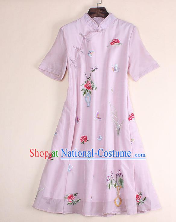 Top Grade Asian Chinese Costumes Classical Embroidery Pink Dress Silk Cheongsam, Traditional China National Embroidered Chirpaur Qipao for Women