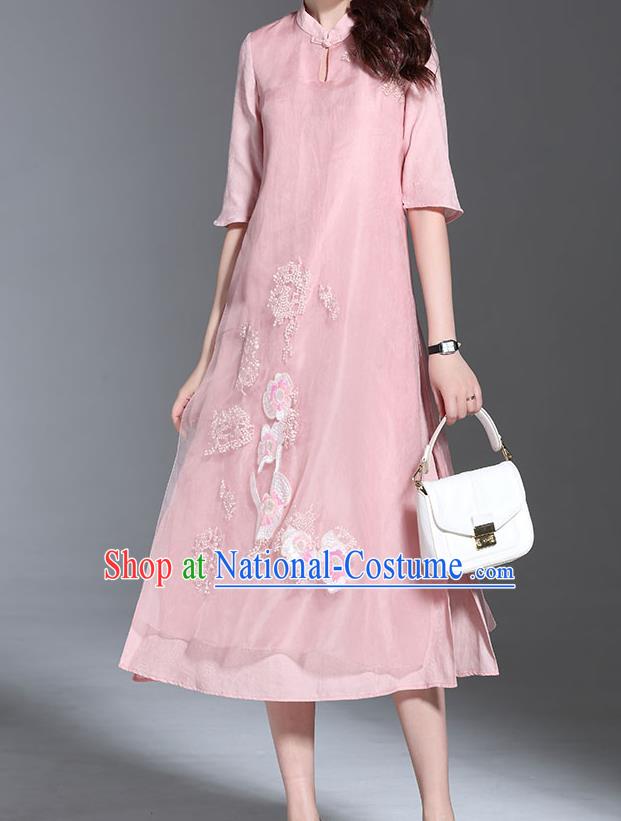 Top Grade Asian Chinese Costumes Classical Embroidery Pink Dress Stand Collar Cheongsam, Traditional China National Embroidered Chirpaur Qipao for Women