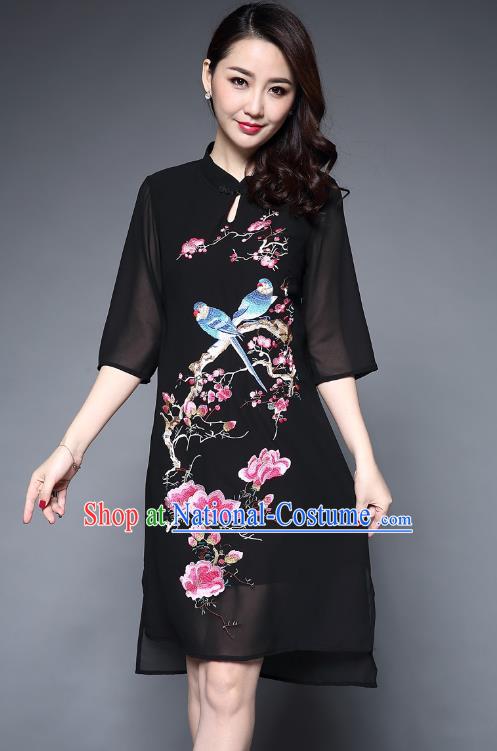 Top Grade Asian Chinese Costumes Classical Embroidery Birds Flowers Cheongsam, Traditional China National Chiffon Chirpaur Dress Black Qipao for Women