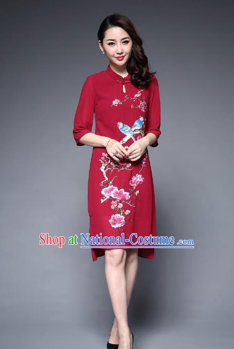 Top Grade Asian Chinese Costumes Classical Embroidery Birds Flowers Cheongsam, Traditional China National Chiffon Chirpaur Dress Red Qipao for Women