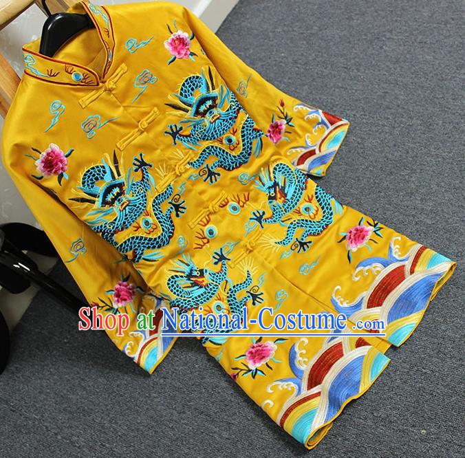 Traditional Top Grade Asian Chinese Costumes Classical Embroidery Dragons Yellow Coat, China National Plated Buttons Dust Coat for Women