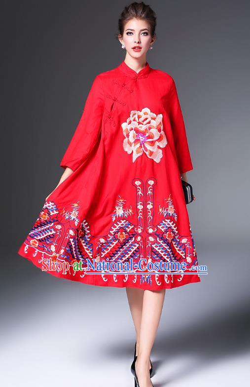 Top Grade Asian Chinese Costumes Classical Embroidery Peony Slant Opening Cheongsam, Traditional China National Red Chirpaur Dress Qipao for Women