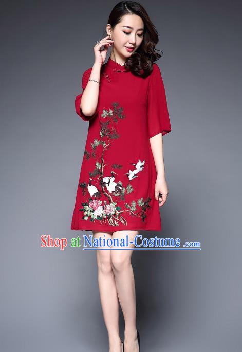 Top Grade Asian Chinese Costumes Classical Embroidery Crane Short Cheongsam, Traditional China National Slant Opening Red Chirpaur Dress Qipao for Women