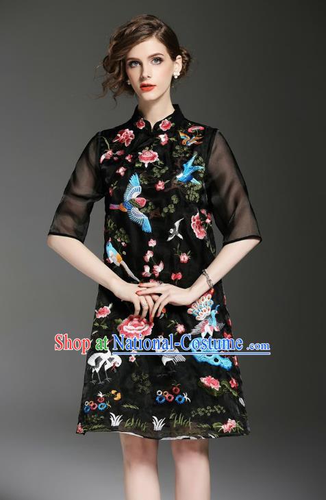 Asian Chinese Oriental Costumes Classical Embroidery Black Cheongsam, Traditional China National Tang Suit Qipao Dress for Women