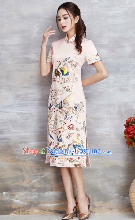 Asian Chinese Oriental Costumes Classical Embroidery Crane Pink Cheongsam, Traditional China National Tang Suit Qipao Dress for Women