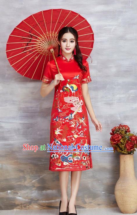 Asian Chinese Oriental Costumes Classical Embroidery Crane Red Cheongsam, Traditional China National Tang Suit Qipao Dress for Women