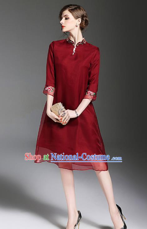 Asian Chinese Oriental Costumes Classical Embroidery Organza Wine Red Cheongsam, Traditional China National Tang Suit Qipao Dress for Women