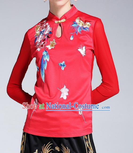 Asian Chinese Oriental Red Cheongsam Blouse Costumes, Traditional China National Embroidery Chirpaur Upper Outer Garment for Women