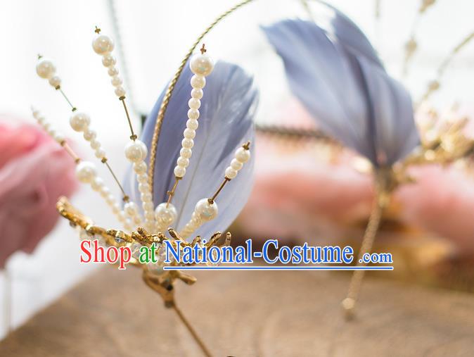 Top Grade Handmade Classical Hair Accessories Baroque Style Princess Pearls Blue Feathers Hair Clasp Headwear for Women