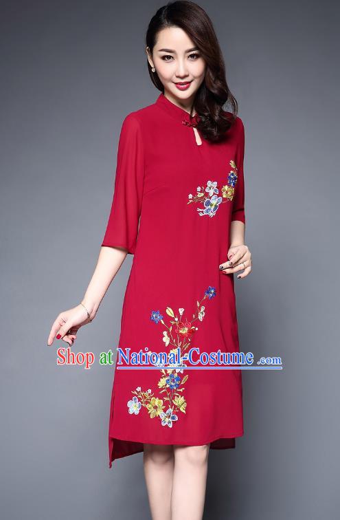 Asian Chinese Oriental Costumes Classical Embroidery Flowers Chiffon Dress, Traditional China National Tang Suit Red Cheongsam Qipao for Women