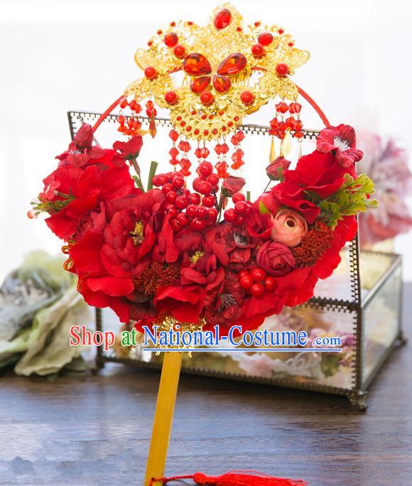 Traditional Asian Oriental Chinese Palace Lady Princess Wedding Round Fans, Bride Red Flowers Circular Fan for Women