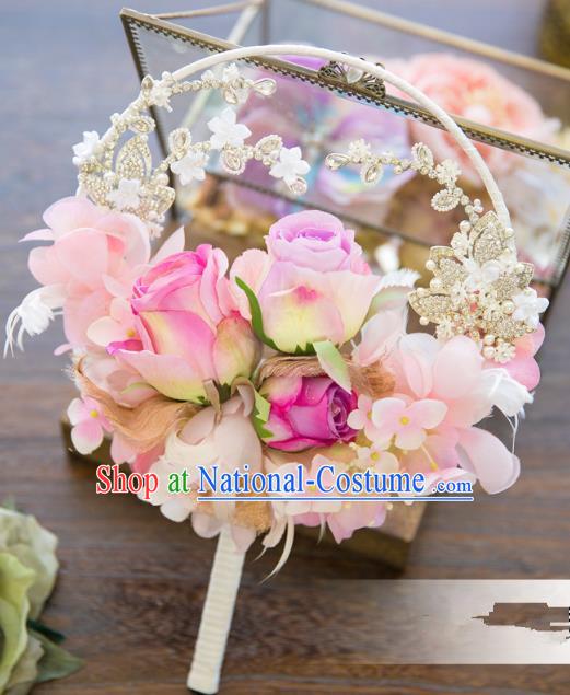 Traditional Asian Oriental Chinese Palace Lady Princess Wedding Round Fans, Bride Pink Flowers Circular Fan for Women