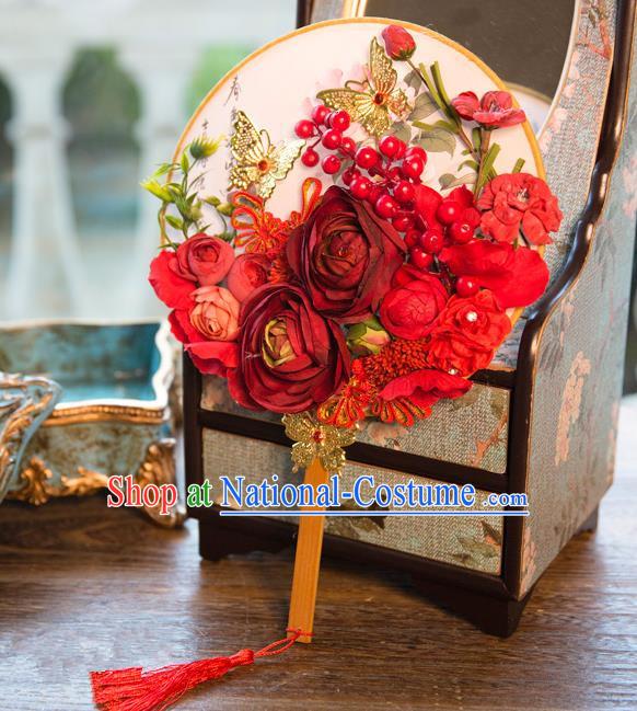 Traditional Asian Oriental Chinese Palace Lady Princess Wedding Round Fans, Bride Red Flowers Circular Fan for Women