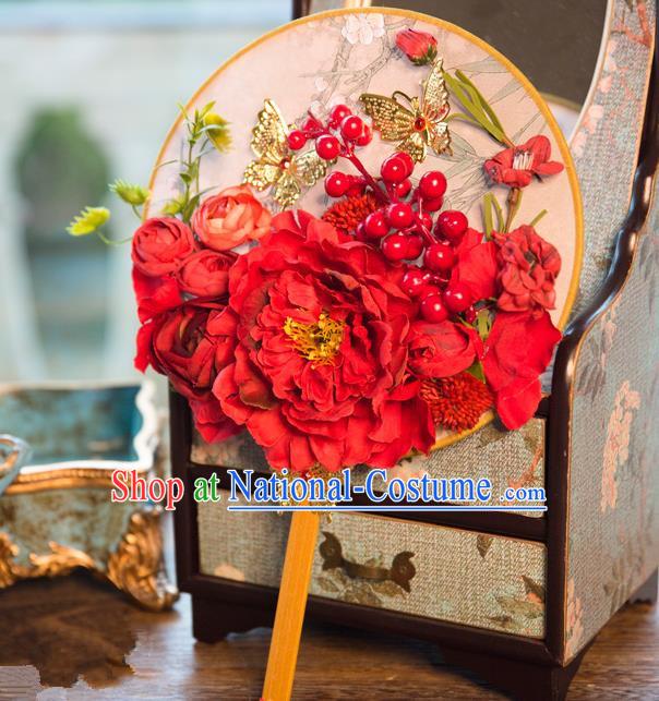 Traditional Asian Oriental Chinese Palace Lady Princess Wedding Round Fans, Bride Red Peony Flowers Circular Fan for Women