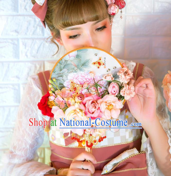 Traditional Asian Oriental Chinese Palace Lady Princess Wedding Round Fans, Bride Pink Peony Flowers Circular Fan for Women