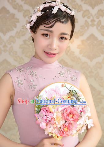 Traditional Asian Oriental Chinese Palace Lady Princess Wedding Round Fans, Bride Pink Peony Flowers Butterfly Circular Fan for Women