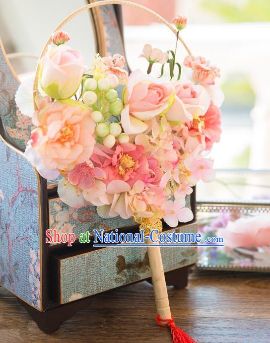 Traditional Asian Oriental Chinese Palace Lady Princess Wedding Round Fans, Bride Pink Silk Flowers Circular Fan for Women