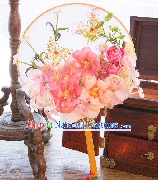 Traditional Asian Oriental Chinese Palace Lady Princess Wedding Round Fans, Bride Pink Flowers Circular Fan for Women