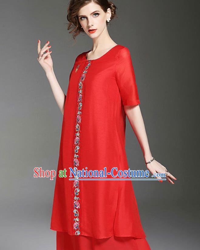 Asian Chinese Oriental Costumes Classical Embroidery Red Chiffon Dress, Traditional China National Tang Suit Qipao Dress for Women