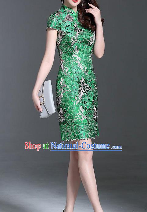 Asian Chinese Oriental Costumes Classical Palace Embroidery Green Lace Cheongsam, Traditional China National Chirpaur Tang Suit Stand Collar Qipao Dress for Women