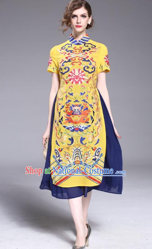 Asian Chinese Oriental Costumes Classical Embroidery Dragon Chiffon Yellow Cheongsam, Traditional China National Tang Suit Stand Collar Qipao Dress for Women