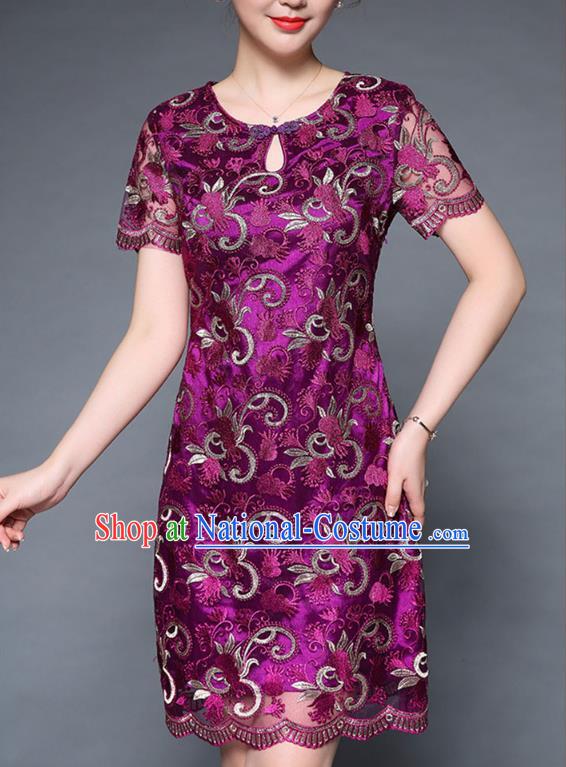 Asian Chinese Oriental Costumes Classical Embroidery Purple Lace Dress, Traditional China National Chirpaur Tang Suit Dresses for Women