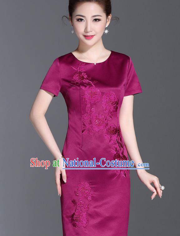 Asian Chinese Oriental Costumes Classical Embroidery Purple Silk Dresses, Traditional China National Chirpaur Tang Suit Qipao for Women