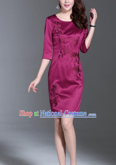 Asian Chinese Oriental Costumes Classical Embroidery Purple Middle Sleeve Dresses, Traditional China National Chirpaur Tang Suit Qipao for Women