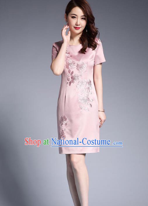 Asian Chinese Oriental Costumes Classical Embroidery Pink Silk Dresses, Traditional China National Chirpaur Tang Suit Qipao for Women