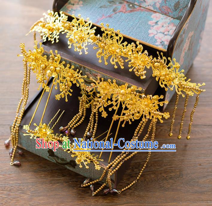 Aisan Chinese Handmade Classical Hair Accessories Tassel Golden Phoenix Coronet Complete Set, China Xiuhe Suit Hairpins Wedding Headwear for Women