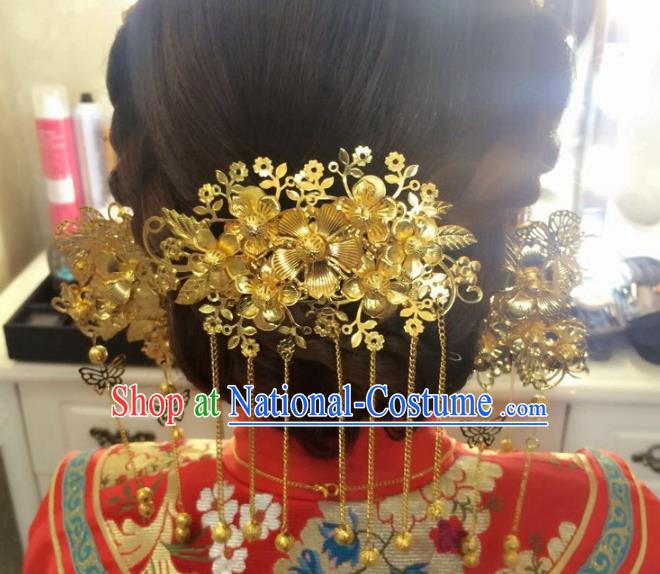 Aisan Chinese Handmade Classical Hair Accessories Tassel Golden Hair Comb, China Xiuhe Suit Hairpins Wedding Headwear for Women