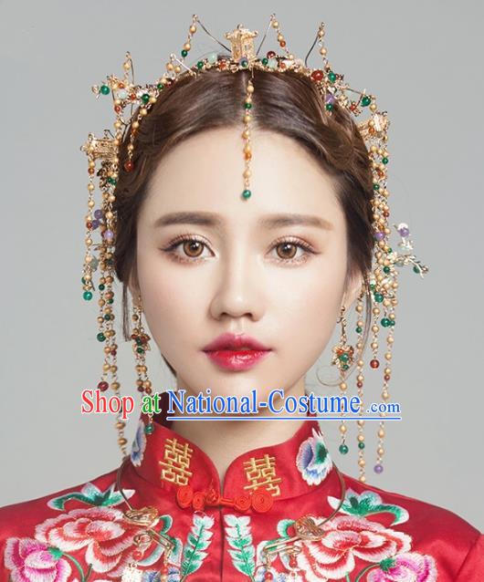 Aisan Chinese Handmade Classical Hair Accessories Phoenix Coronet Complete Set, China Xiuhe Suit Tassel Hairpins Wedding Headwear for Women