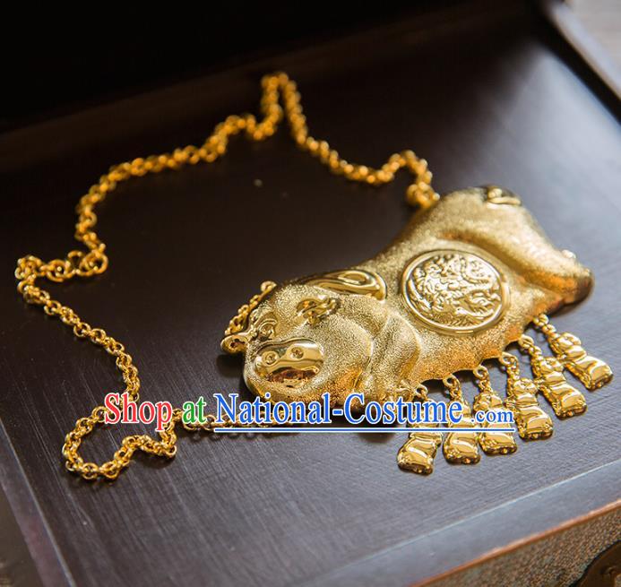 Aisan Chinese Handmade Classical Jewelry Accessories Golden Pig Necklace, China Xiuhe Suit Golden Tassel Necklet for Women