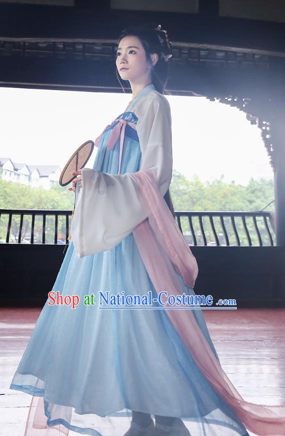 Asian Chinese Oriental Hanfu Costumes Embroidered Blouse and Blue Slip Skirt, Traditional China Tang Dynasty Embroidery Clothing for Women