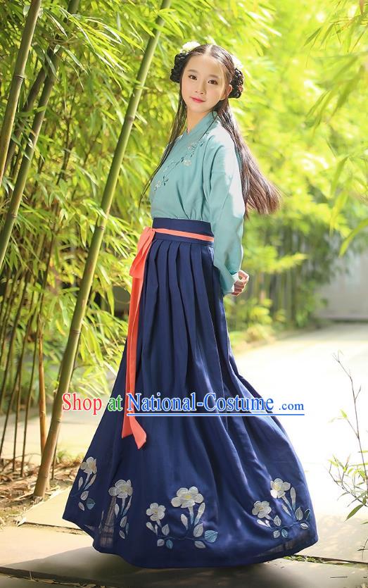 Asian Chinese Hanfu Costumes Han Dynasty Embroidered Green Blouse and Grey Slip Skirts Complete Set for Women