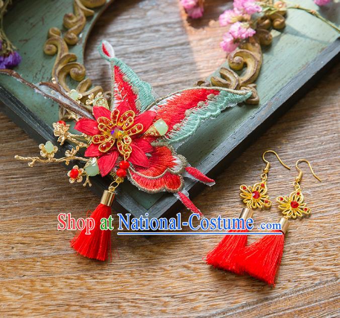 Aisan Chinese Handmade Classical Hair Accessories Red Butterfly Hair Stick and Earrings, China Xiuhe Suit Hairpins Wedding Headwear for Women